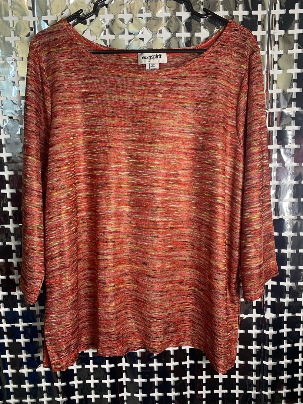 Easy Spirit Multicolor Boatneck Tunic in Red and Gold Open Knit
